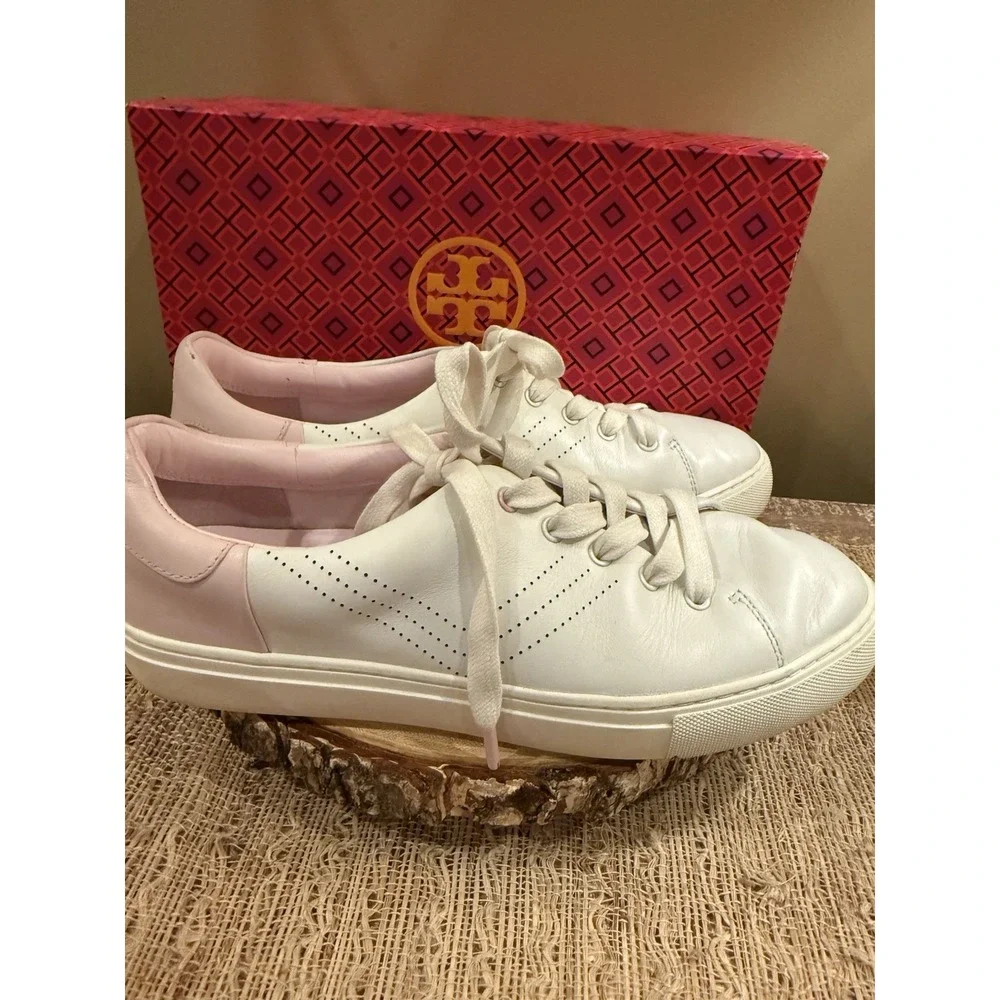 TORY BURCH Perforated Lace-Up Golf Sneakers Snow White Pink Cotton Sz-9.5